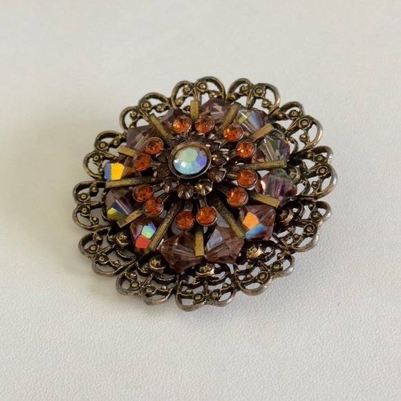 Vintage Weiss Signed Amber Orange AB Rhinestone Crystal Statement Brooch Pin - Picture 6 of 9